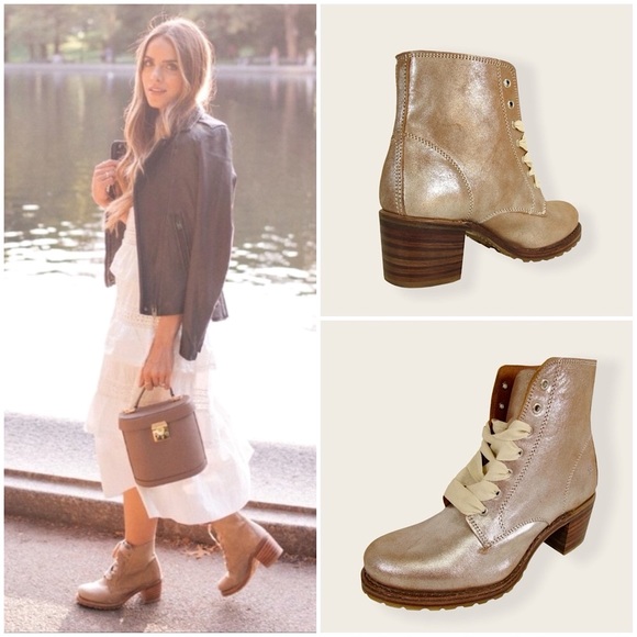 Frye Sabrina 6G GLAM Metallic Glittery Tan Combat Block Heel Lace Up Ankle Boot - Picture 2 of 16